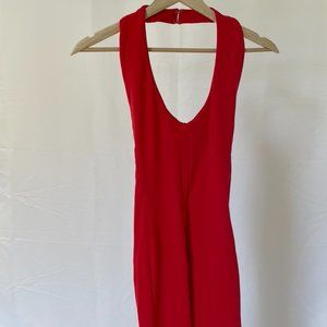 Red Halter Stretch Full Length Jumpsuit